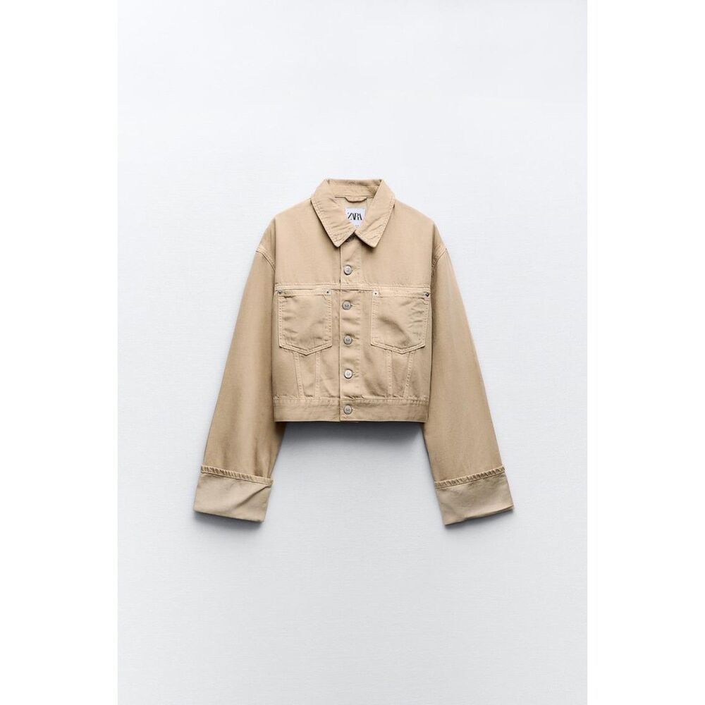 Khaki Brown Zara Button Front Sheen Coated Wide Sleeve Denim Jean Jacket (NWT)